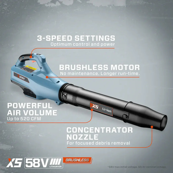 BLAX5-M-0 Senix 58 Volt Max Cordless Leaf Blower, Brushless Motor - Tool Only