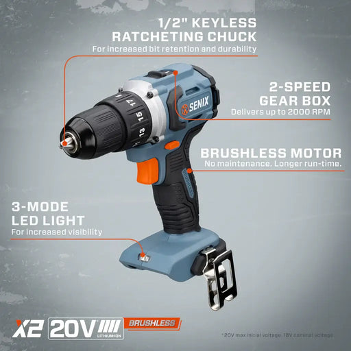 PDDX2-M2 Senix 20 Volt Max 1/2-Inch Brushless Drill Driver Kit