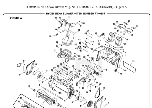 RY40805 Ryobi 40 Volt Snowblower 107700021 Rev 1 Parts List