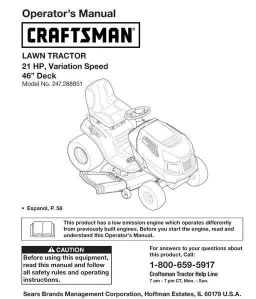 Products 247.288851 Manual for Craftsman 21HP 46" Lawn Tractor - drmower.ca