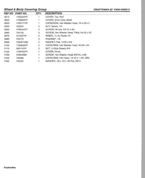 C950-52060-3 Craftsman 22" Snowblower Parts List