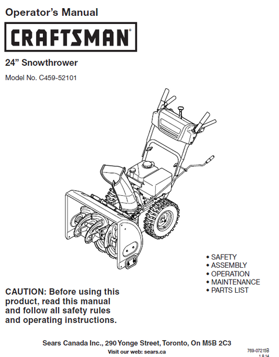 C459-52101 Manual for Craftsman 2013 24" Snow Thrower