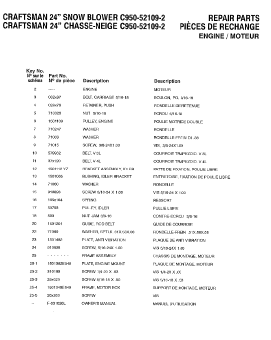 C950-52109-2 Craftsman 24" Snowblower Parts List