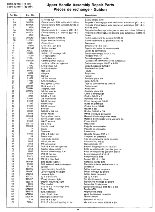 Craftsman Snowblower Parts List for Models C950-52110-1 C950-52118-1