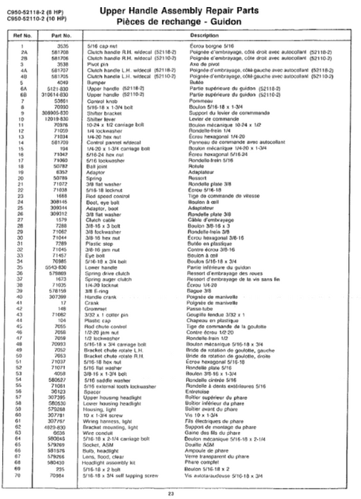 Craftsman Snowblower Parts List For Models C950-521102 C950-521182