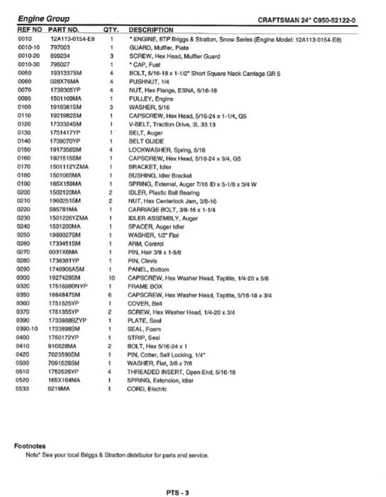 C950-52122-0 Craftsman 24" Snowblower Parts List