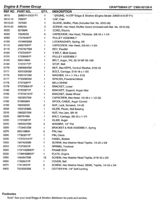 C950-52126-0 Craftsman 27" Snowblower Parts List