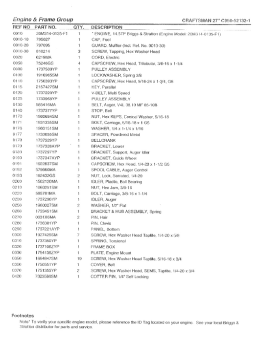 C950-52132-1 Craftsman 27" Snowblower Parts List