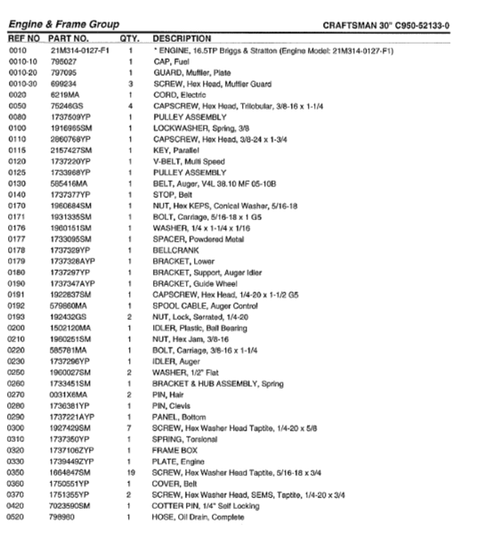 C950-52133-0 Craftsman 30" Snowblower Parts List