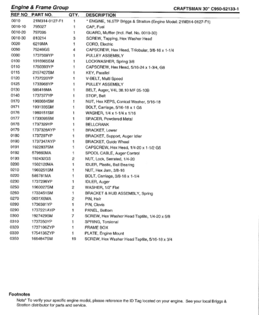 C950-52133-1 Craftsman 30" Snowblower Parts List