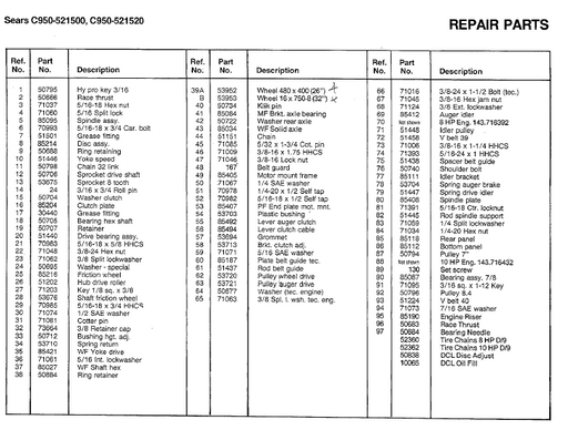 Craftsman Snowblower Parts List C950-52150-0 C950-52152-0