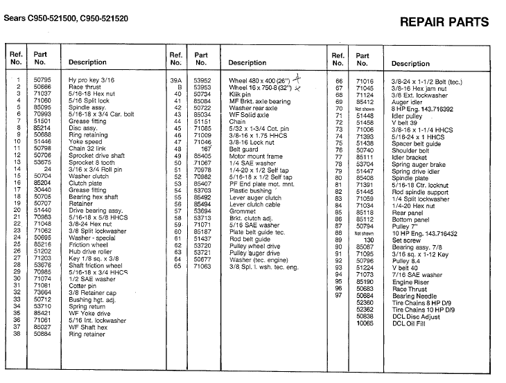 Craftsman Snowblower Parts List C950-52150-0 C950-52152-0