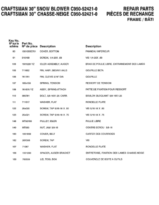 C950-52421-0 Craftsman 30" Snowblower Parts List