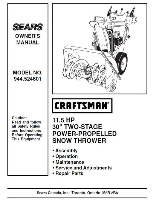 944.524601 Manual for Craftsman 11.5 HP Snow Thrower