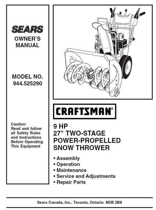 944.525290 Manual for Craftsman 27" Two-Stage Snow Thrower