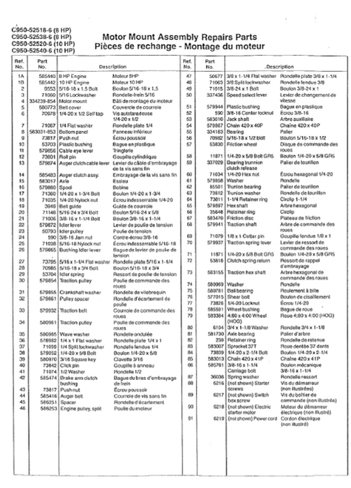 Craftsman Snowblower Part List for Models C950-52518-6 C950-52538-6 C950-52520-6 C950-52540-6