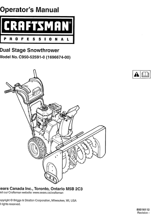 C950-52591-0 Manual for Craftsman Dual Stage Snow Thrower