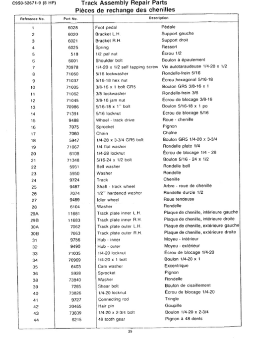 C950-52671-9 Craftsman Snowblower Part List