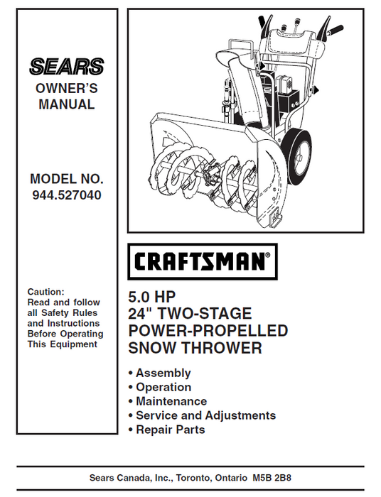 944.527040 Manual for Craftsman 24" Two-Stage Snow Thrower