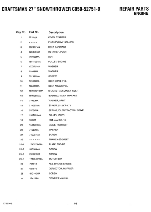 C950-52751-0 Craftsman 27" Snowblower Parts List