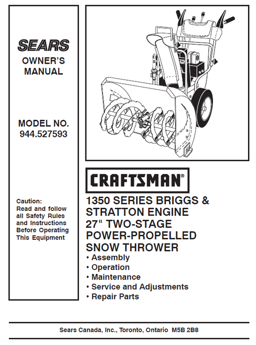 944.527593 Manual for Craftsman 27" Two-Stage Snow Thrower