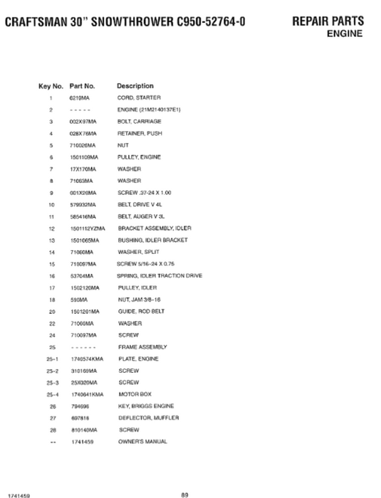 C950-52764-0 Craftsman 30" Snow Thrower Parts List