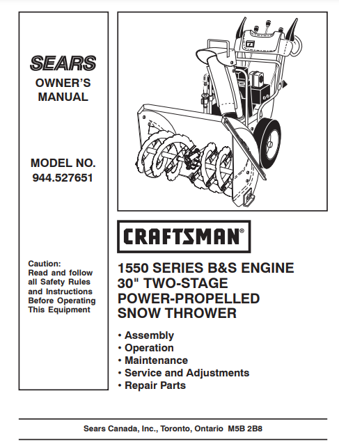 944.527651 Manual for Craftsman Snowblower