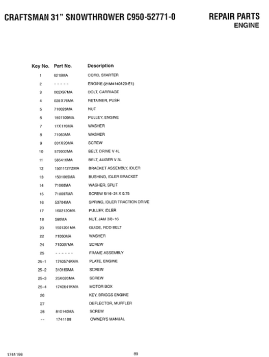 C950-52771-0 Craftsman 31" Snowblower Parts List