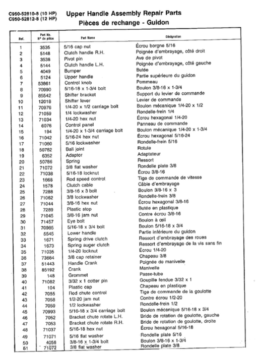 Craftsman Snowblower Parts List for Models C950-52810-8 C950-52812-8