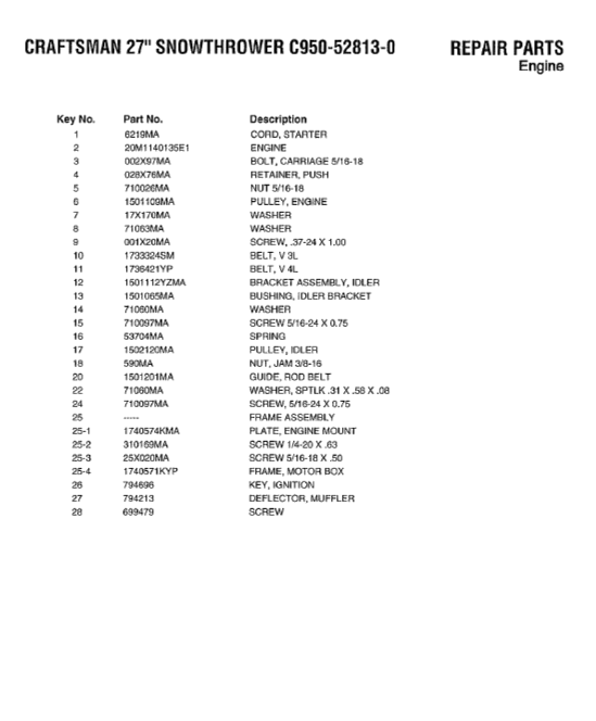 C950-52813-0 Craftsman 27" Snowblower Parts List