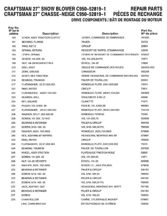 C950-52819-1 Craftsman 27" Snowblower Parts List