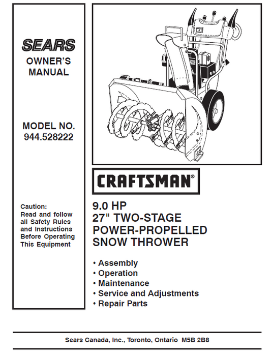 944.528222 Manual for Craftsman 27" Two-Stage Snow Thrower