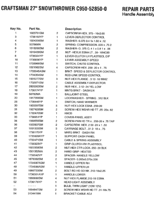 C950-52850-0 Craftsman 27" Snow Thrower Parts List