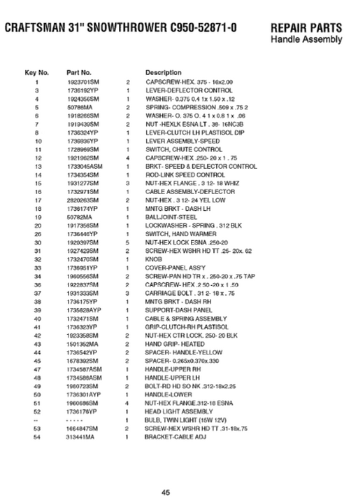 C950-52871-0 Craftsman 31" Snow Thrower Parts List