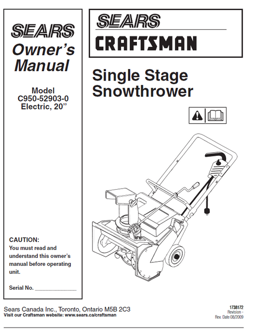 C950-52903-0 Manual for Craftsman 20" Single Stage Snow Thrower