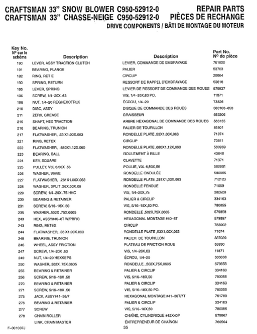 C950-52912-0 Craftsman 33" Snowblower Parts List