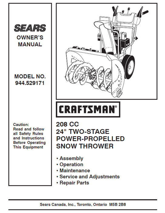 944.529171 Manual for Craftsman 208 CC 24″ Snow Thrower