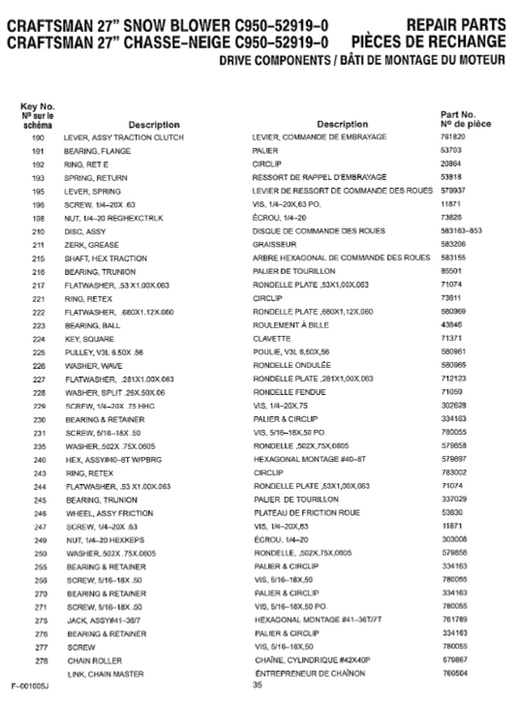 C950-52919-0 Craftsman 27" Snowblower Parts List