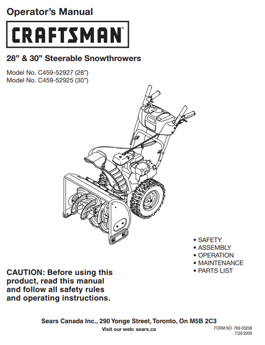 C459-52925 C459-52927 Manual for Craftsman 28" & 30" Snow Thrower