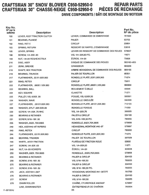 C950-52950-0 Craftsman 30" Snowblower Parts List