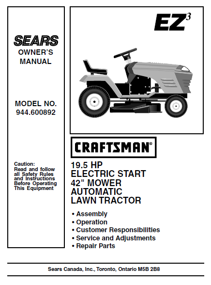 944.600892 Manual for Craftsman 19.5 HP 42" Lawn Tractor