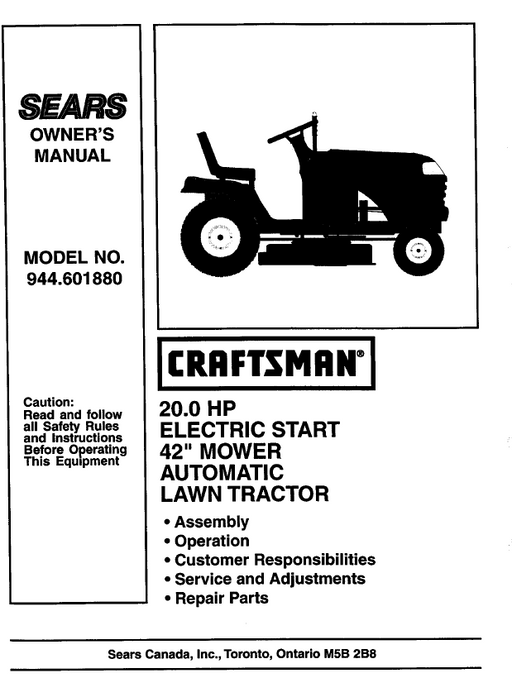 944.601880 Manual for Craftsman 20.0 HP 42" Lawn Tractor