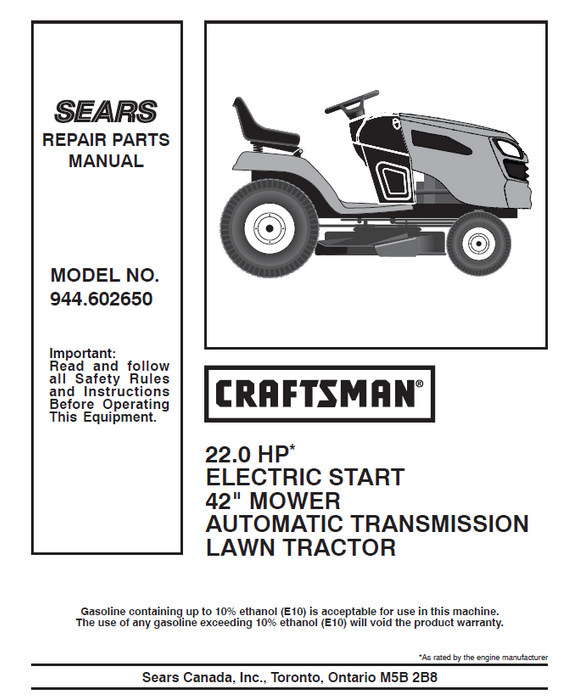 944.602650 Manual for Craftsman 22.0HP 42" Lawn Tractor