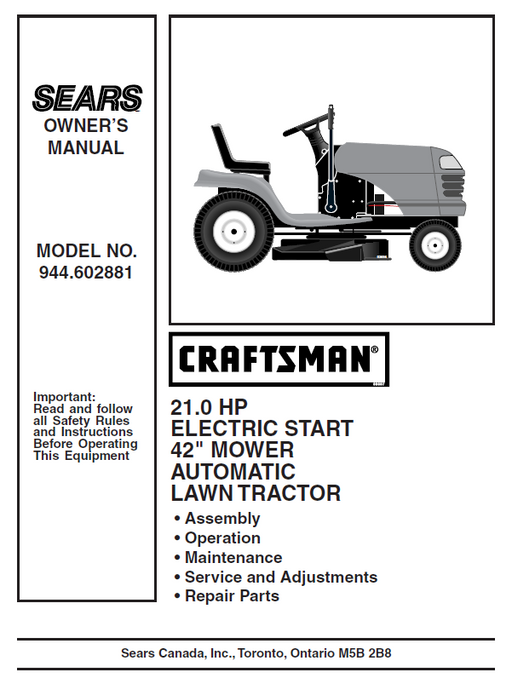 944.602881 Manual for 21.0 HP 42" Lawn Tractor