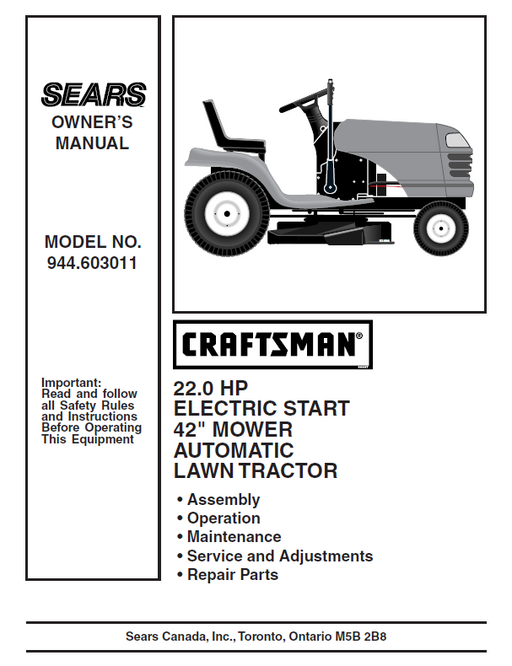 944.603011 Manual for Craftsman 22.0 HP 42“ Lawn Tractor