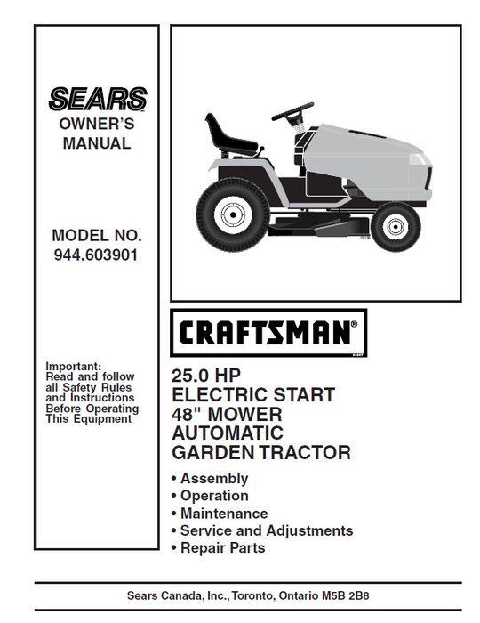 944.603901 Manual for Craftsman 25.0 HP 48" Garden Tractor