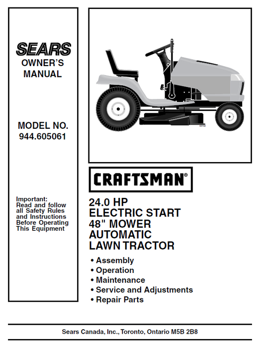 944.605061 Manual for Craftsman 24.0 HP 48" Lawn Tractor