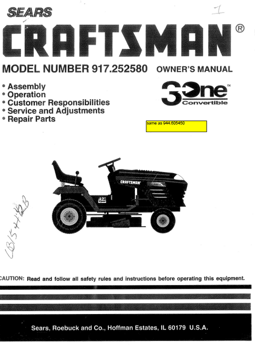 944.605450 Manual for Craftsman 15.5 HP Lawn Tractor 917.252580