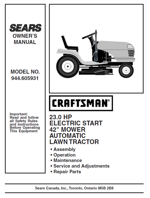 944.605931 Manual for Craftsman 23.0 HP 42" Lawn Tractor