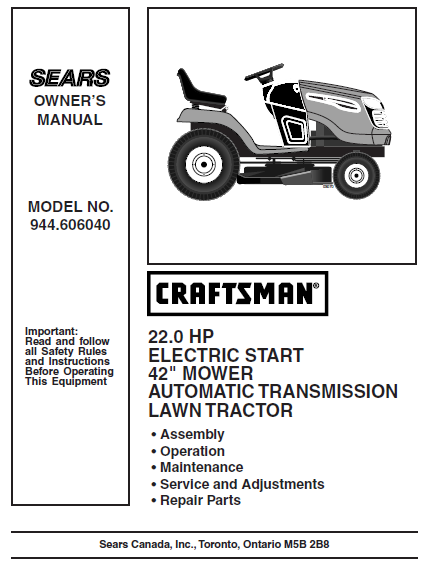 944.606040 Manual for Craftsman 22.0 HP 42" Lawn Tractor